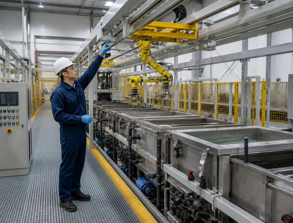 engineer inspecting automatic electroplating line