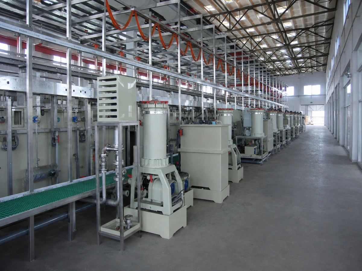 Automatic rack electroplating line with process tanks and overhead conveyor