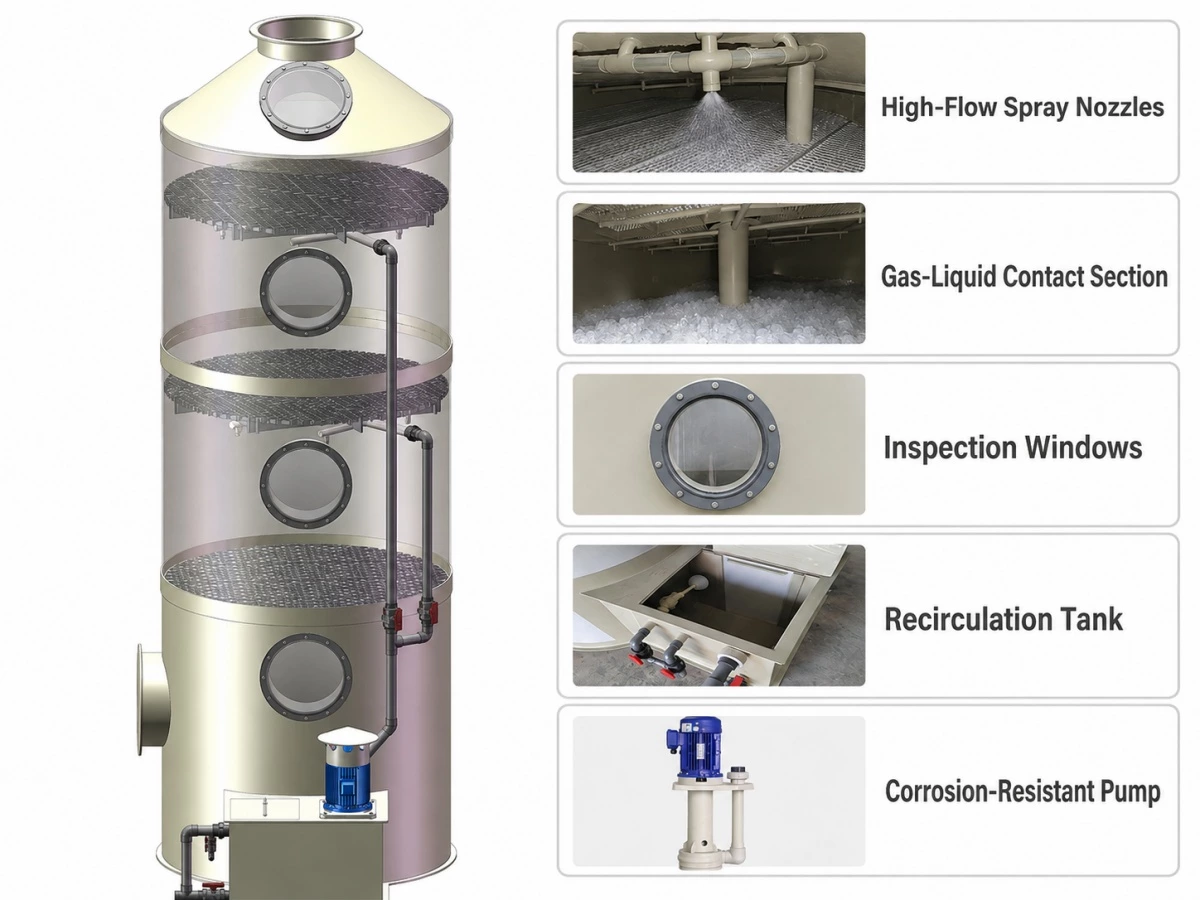 Internal structure and main components of a PP wet scrubber tower