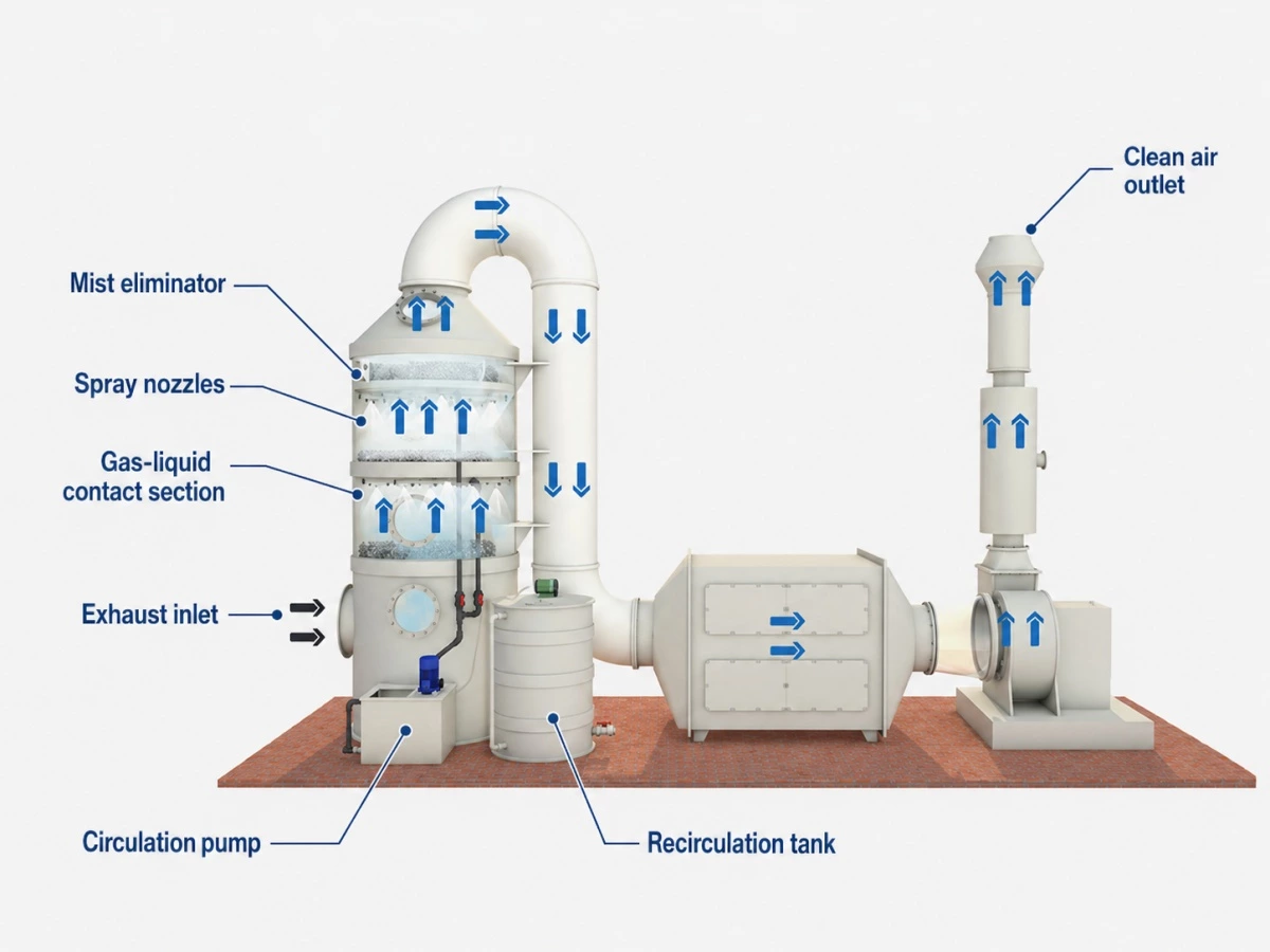 Working principle of a PP wet scrubber tower for acid mist treatment