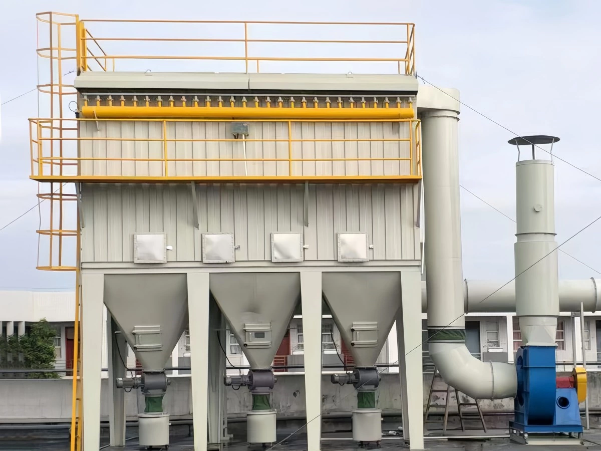 Baghouse dust collection system with exhaust fan and ductwork